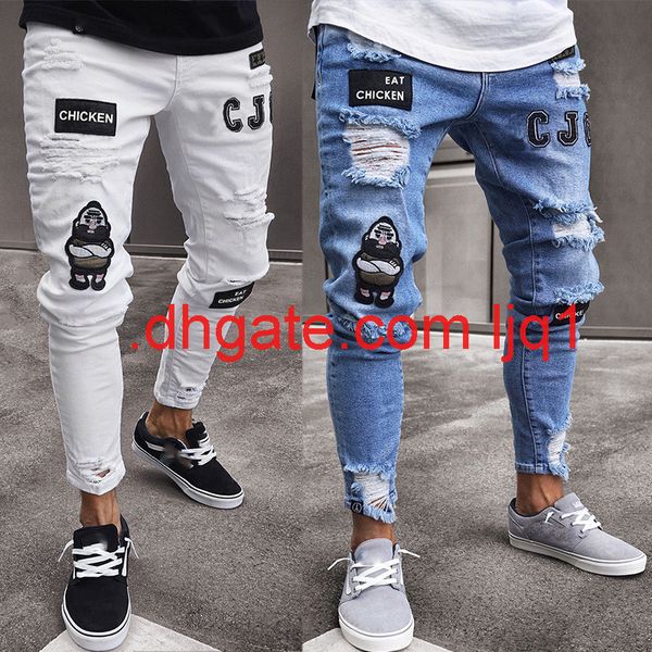 

men's fashion biker ripped skinny embroidery slim fit jeans, Blue