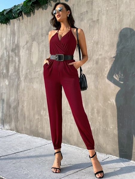 

slant pocket tie backless halter jumpsuit without belt h2fh#, White