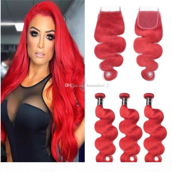 

pure color red human hair weaves with lace closure body wave raw indian remy hair bundles with 4*4 lace closure 4pcs lot, Black;brown