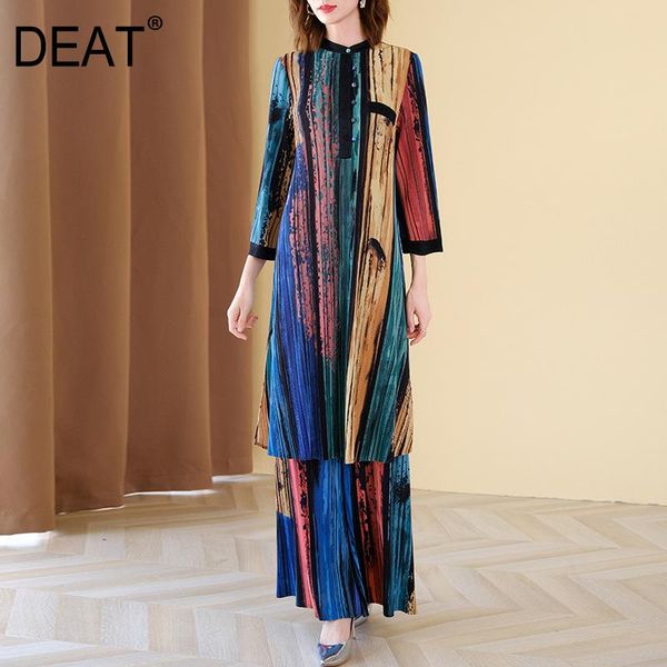

deat] 2020 new autumn fashion women pleated suit colorful striped flare sleeve loose + wide leg pants casual wild tx061, Gray