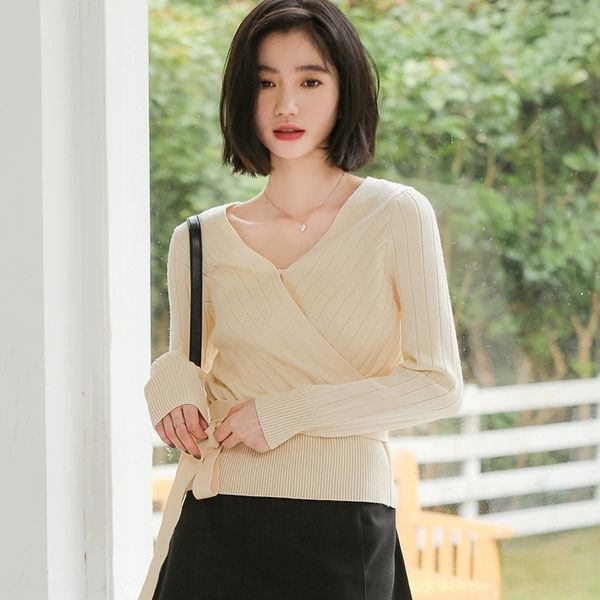 

8aed4 2020 осени кружево нового свитер корейская версия сладкого немного свежего кружево 2ymvn v-образного вырез сплошного цвета женщин свит, White;black