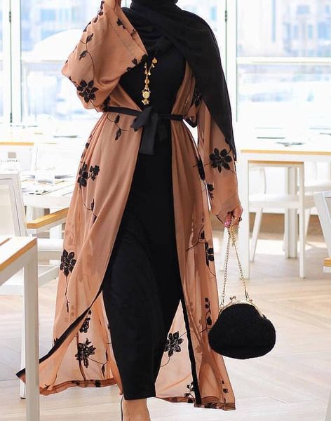 

elegant muslim print open abaya maxi dress women kimono long robes middle east ramadan turkish islamic prayer female hijab juhab, Black;gray
