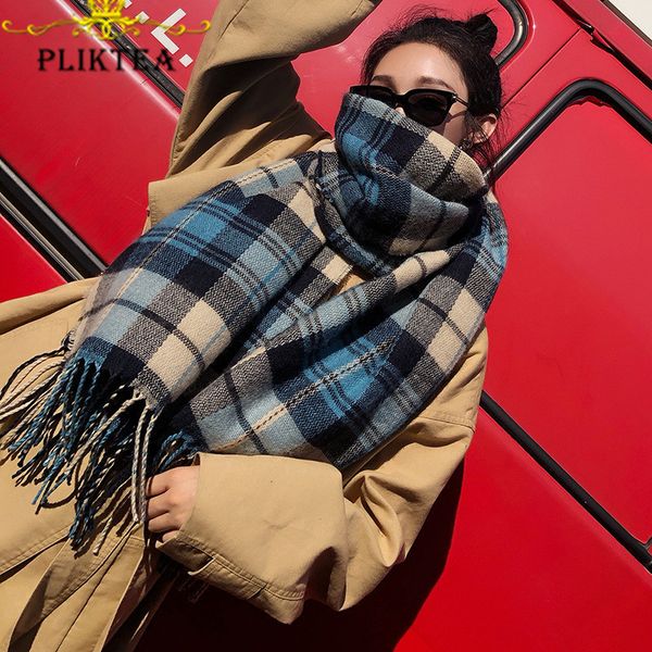 

2020 faux cashmere plaid scarf for women wool pashmina winter warm shawl female plaid poncho ladies thick blanket tassel scarves t200225, Blue;gray