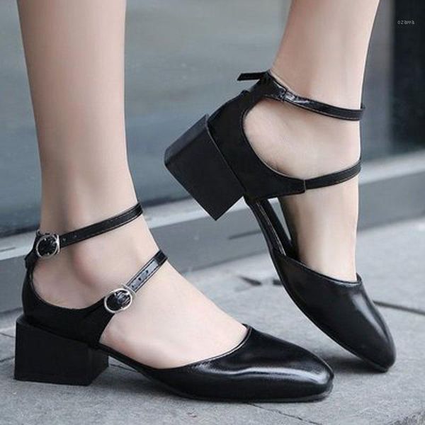 

sandals women's shoes 2021 spring and summer breathable retro ladies square head single temperament pu baotou root sand1, Black