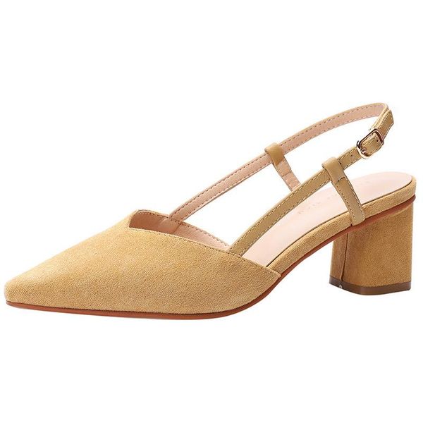 

word buckle sandals women 2020 summer new flock buckle strap 6cm thick high heels pointed toe shallow back strap shoes, Black