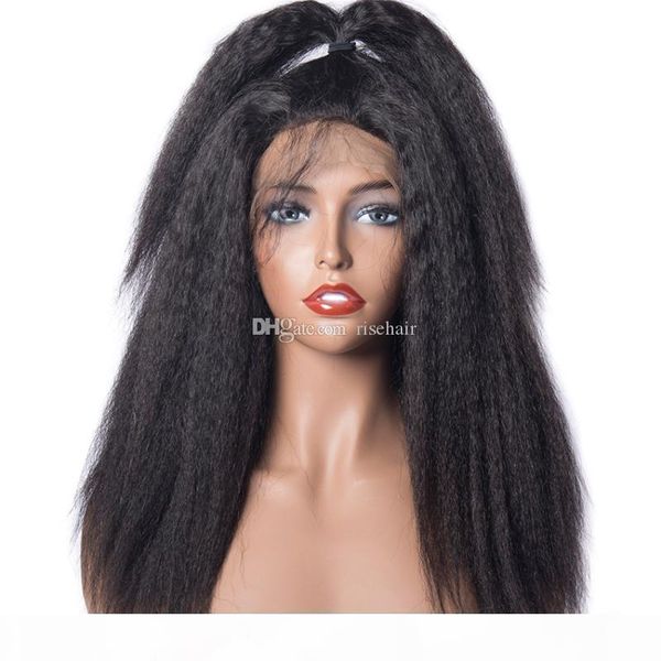 

full lace human hair wigs kinky straight for black women virgin peruvian hair glueless kinky straight lace front wig with baby hair, Black;brown