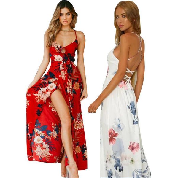 

backless floral maxi dress 2020 summer women party spaghetti strap sundress boho beach high weist chiffon dress vestidos, Black;gray