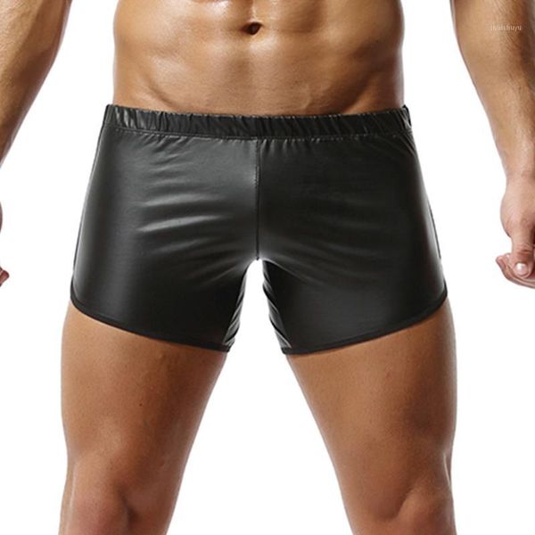 

black faux leather men's boxer casual fashion pants plus size new sports gyms short with back pocket male tight trousers1, White;black