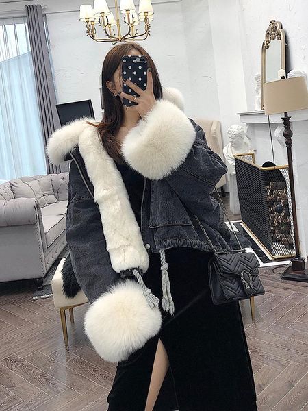 

2020 women winter jacket denim parka real fur collar cuffs lining warm loose outerwear streetwear removable1, Black