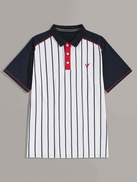 

men vertical stripe contrast sleeve polo shirt k1z6#, White;black