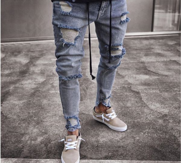 

slim fit рваные джинсы мужчины привет улица хип-хоп мужские брюки джинсовые брюки бегуны колено дыры омывается разрушаемый джинсы, Blue