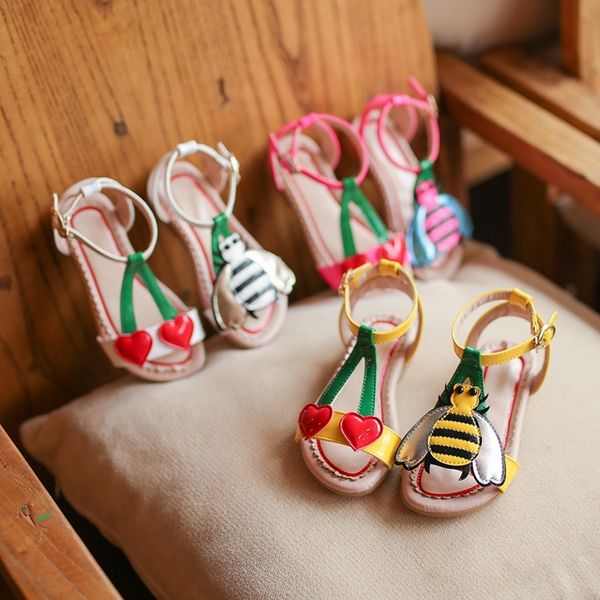 

summer girls sandals flowers with heart sharp and bees beach shoes for baby to big kids y200619, Black;red