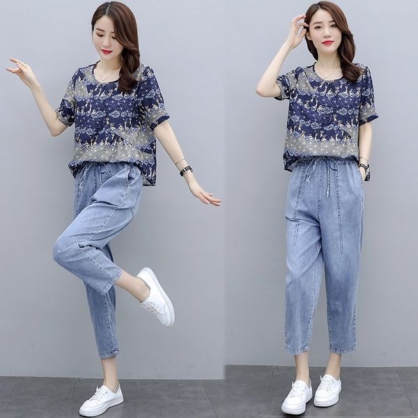 

mfl6v вскользь женщины размера 2020 летняя новая тонкая рыхлая большой костюм мать износ возрастного сокращение два частей джинсов джинсов и, Gray