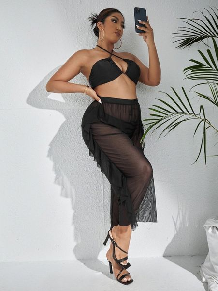

3pack plus solid halter bikini swimsuit & cover up pants o1vw#, Black