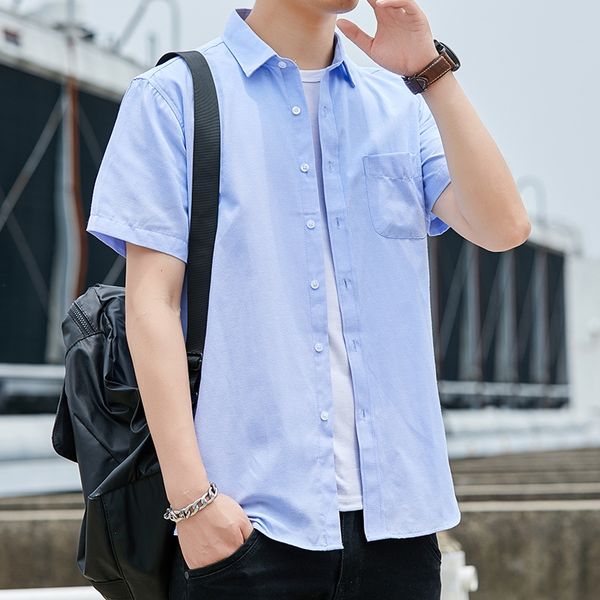 

summer oxford short sleeve men's korean version slim trend handsome half sleeve shirt men's casual shirt loose zkoru, Blue