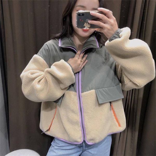 

traf women's clothing 2021 fashion thick warm casual short stitching plush jacket lamb hair long-sleeved jacket streetwear, Black;brown