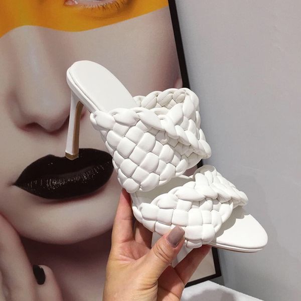 

2020 leather braided slippers women high heel sandals fashion brand slides ladies party shoes woman mules heel slipper x1020, Black
