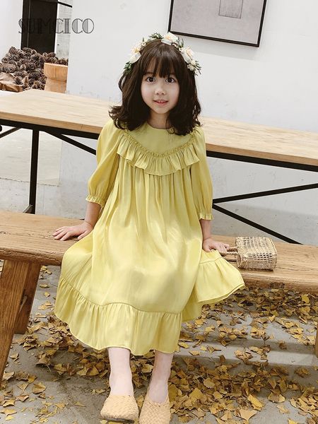 Sumcico 2020SS Neuestes Mädchen-Kleid im französischen Stil mit glänzenden gelben Rüschen im Lolita-Stil, Kleinkind-Baby-Kleid im Alter von 2–15 Jahren, LJ200923