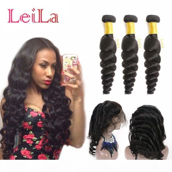 

peruvian virgin hair pre plucked 3 bundles with 360 lace frontal loose wave natural hairline lace band loose wave human hair extensions, Black;brown