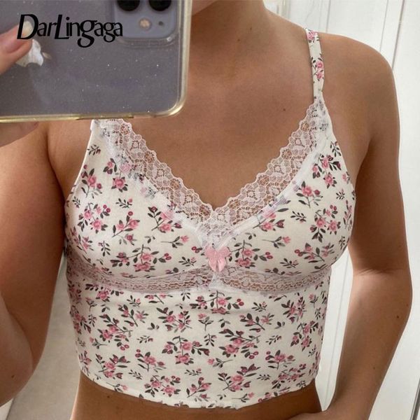 

darlingaga spaghetti strap floral print crop women 2020 v neck lace patchwork summer cami sleeveless fashion bow tanks1, White