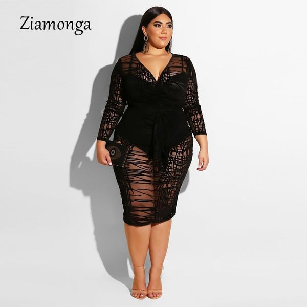 Ziamonga Plus Size XXXL 4XL manica lunga sexy abito di pizzo donne aderente lungo Club Party Dress Big Size Clubwear vestito dalla fasciatura T200320