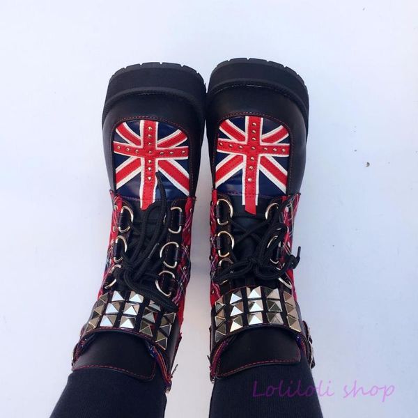 

princess sweet lolita shoes loliloli yoyo english-style red plaid rivet union jacks cross lace-up kitten heels an6661, Black