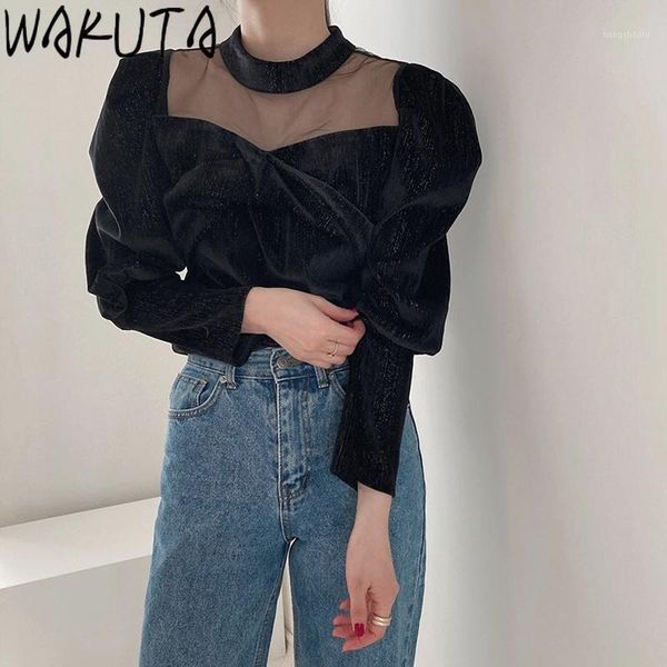

wakuta 2020 womens blouses patchwork fashion mesh long puff sleeve croset korean style elegant vintage velet blousas1, White