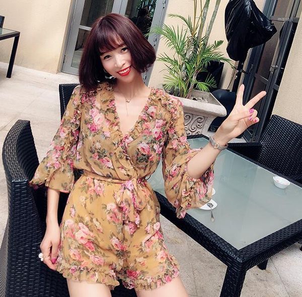 

women's jumpsuits & rompers silk wild rose georgette print long sleeve v neckline ruffle women wide leg playsuit with belt for summer,, Black;white