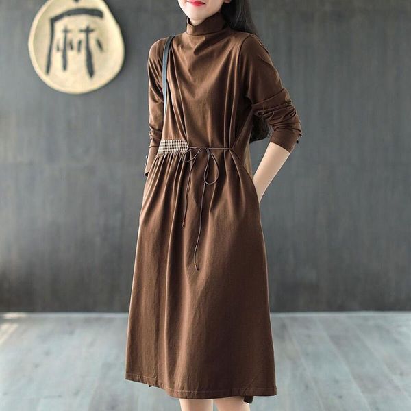 

superaen autumn and winter solid tie belt waist slim full stand bottom ankle-length dress for women, Black;gray