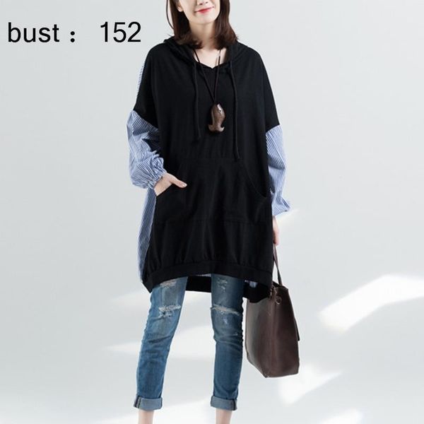 

[ewq] new autumn hooded collar striped patchwork black loose long pullvoers women's sweatshirt females clothing ah16801xl 201203