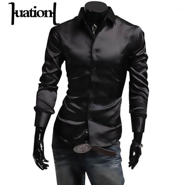 

huation mens silk shirt 2019 fashion brand men's long sleeve shirt men camisa social masculina casual black men dress shirts1, White;black