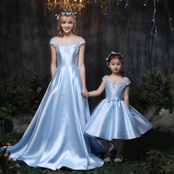 

satin material mother daughter wedding dresses bowtie ball gowns custom mom and daughter wedding dress family matching clothes, Blue