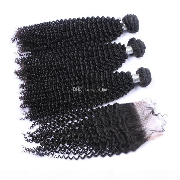

good quality kinky curly hair 3bundles extensions with lace closure 4pcs lot unprocessed 100 virgin afro curly hair weaves with 4x4 closure, Black