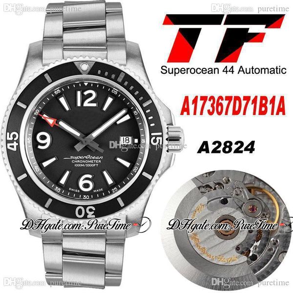 

tf superocean 44 eta a2824 automatic mens watch a17367d71b1a black bezel dial stick number markers stainless steel bracelet super edition wa, Slivery;brown
