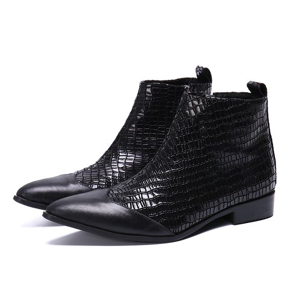 

christia bella autumn winter pointed toe snake pattern genuine leather male boots fashion business party men zipper short boots, Black