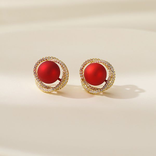 

2020 new arrival round metal women classic stud earrings new year earrings red pearl earrings simple cute elegant jewelry, Golden;silver
