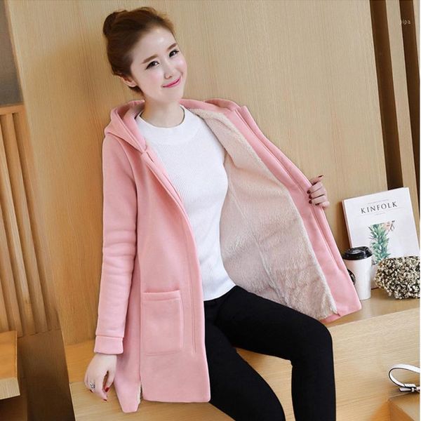 

2020 late autumn winter woman fleece coats female long sleever long length solid hoodie parkas women's outerwear1, Black