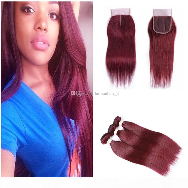 

middle part lace closure 99j human virgin hair with lace closure burgundy hair extension with wine red lace closure 4pcs lot, Black;brown