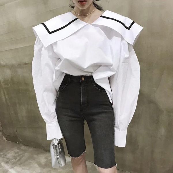 

ewq] 2020 spring autumn new long puff sleeve white sailor collar loose size blouse korea style casual women shirt mg489