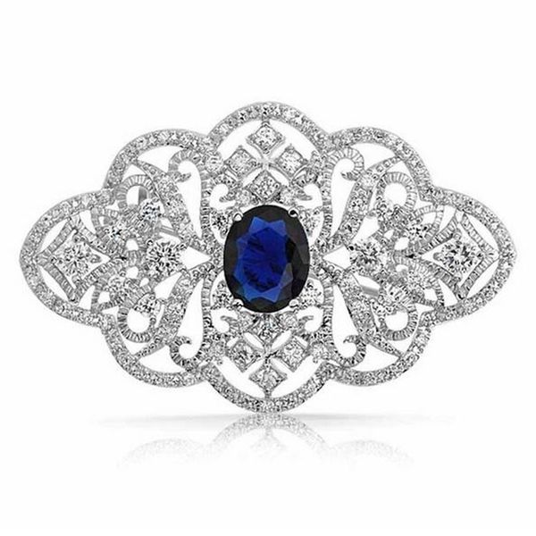 

2 inch vintage style rhinestone crystal diamante wedding jewelry brooch with dark blue stone, Gray