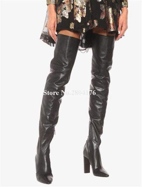 

boots women elegant pointed toe over knee chunky heel black leather slim style thigh high long dress shoes