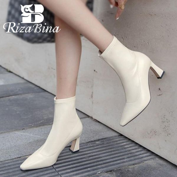 

rizabina women ankle boots fashion pointed toe high heel winter shoes woman warm stretch boot office short footwear size 32-43, Black