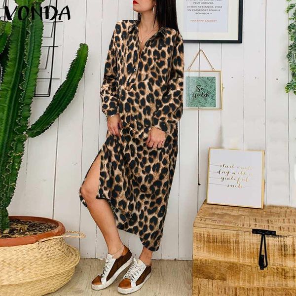 

casual dresses leopard maxi long dress vonda 2021 summer sundress women holiday beach plus size bohemian vestido female robe, Black;gray