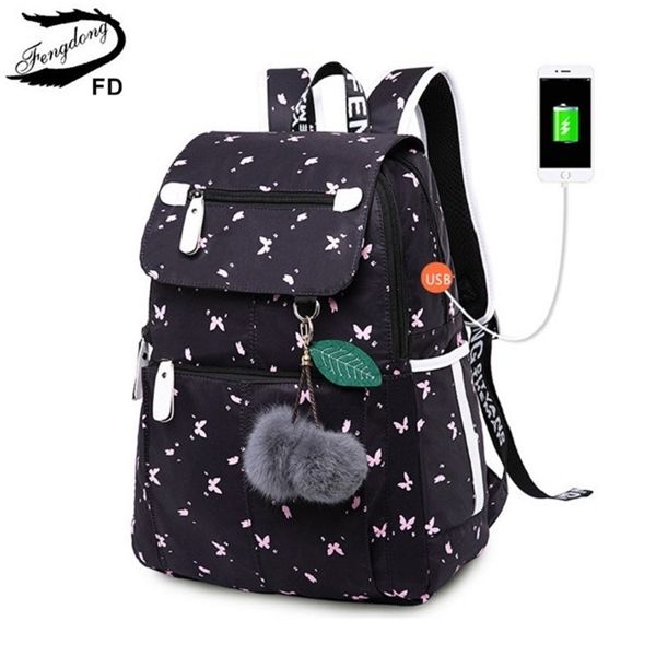

fengdong female fashion usb school bags for girls black backpack plush ball girl schoolbag butterfly decoration c1019