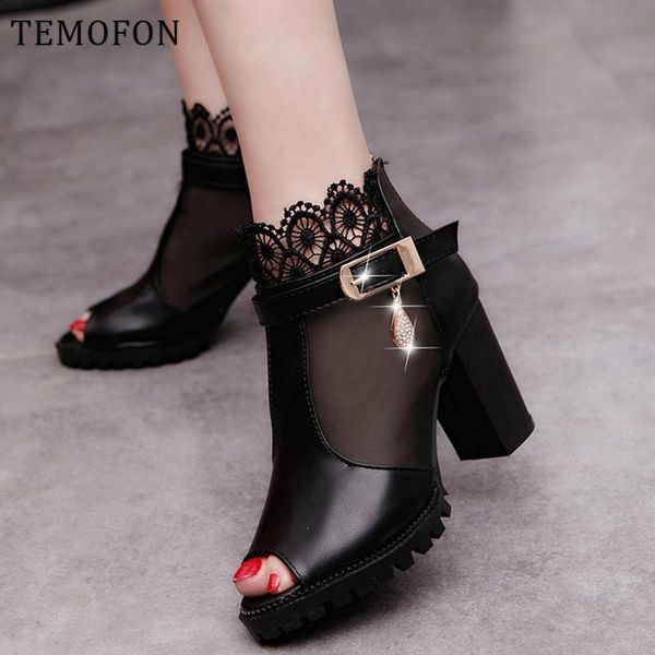 

temofon women sandals summer shoes women high heels hollow mesh chunky open toes sandals female mujer sandalias new hvt779, Black