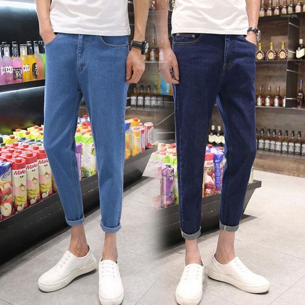 

spring autumn 2020 fashion ankle length jeans men's youth fashion simple slim light japanese retro trend small feet pants1, Blue