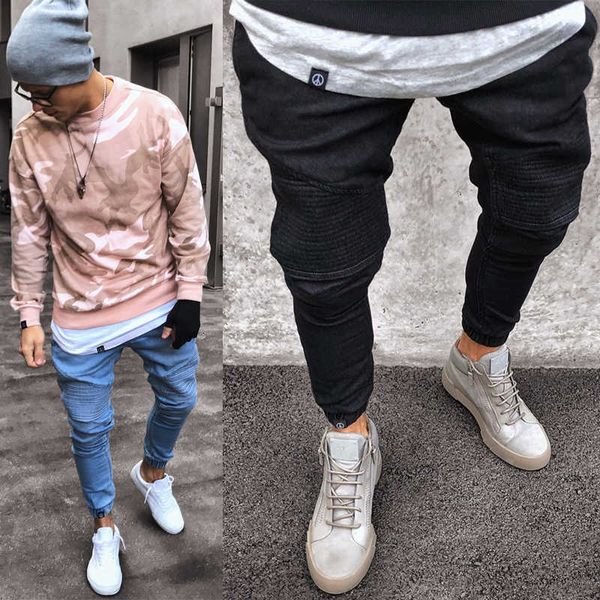 

2020 men's stretchy ripped ny biker jeans pleated special design slim fit denim mens pure color jogger pencil, Blue