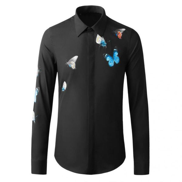 

new cotton male shirts luxury butterfly printed long sleeve casual mens dress shirts plus size 4xl fashion slim man, White;black