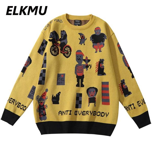 

elkum yellow knitted sweaters funny cartoons print jumper sweater oversize streetwear casual crewneck sweater loose male he427, White;black