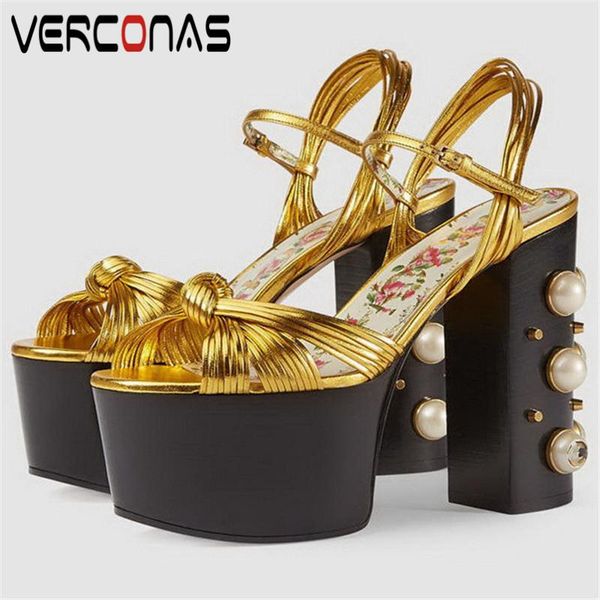 

verconas 2020 fashion party shoes woman sandals woman pumps pearl decoration round toe square high heel shoes, Black
